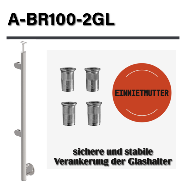 Edelstahl Geländerpfosten links Ø42,4 Bauhöhe 1000mm mit 2x Glasklemmen 63x45mm vorgesetzt Geländer V2A